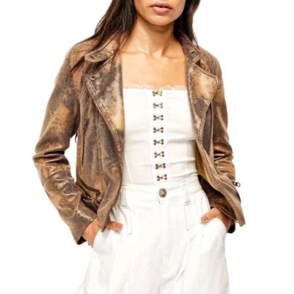 We the Free People Fenix Faux Snake Skin Leather Moto Jacket Brown Utility XS - Picture 1 of 8